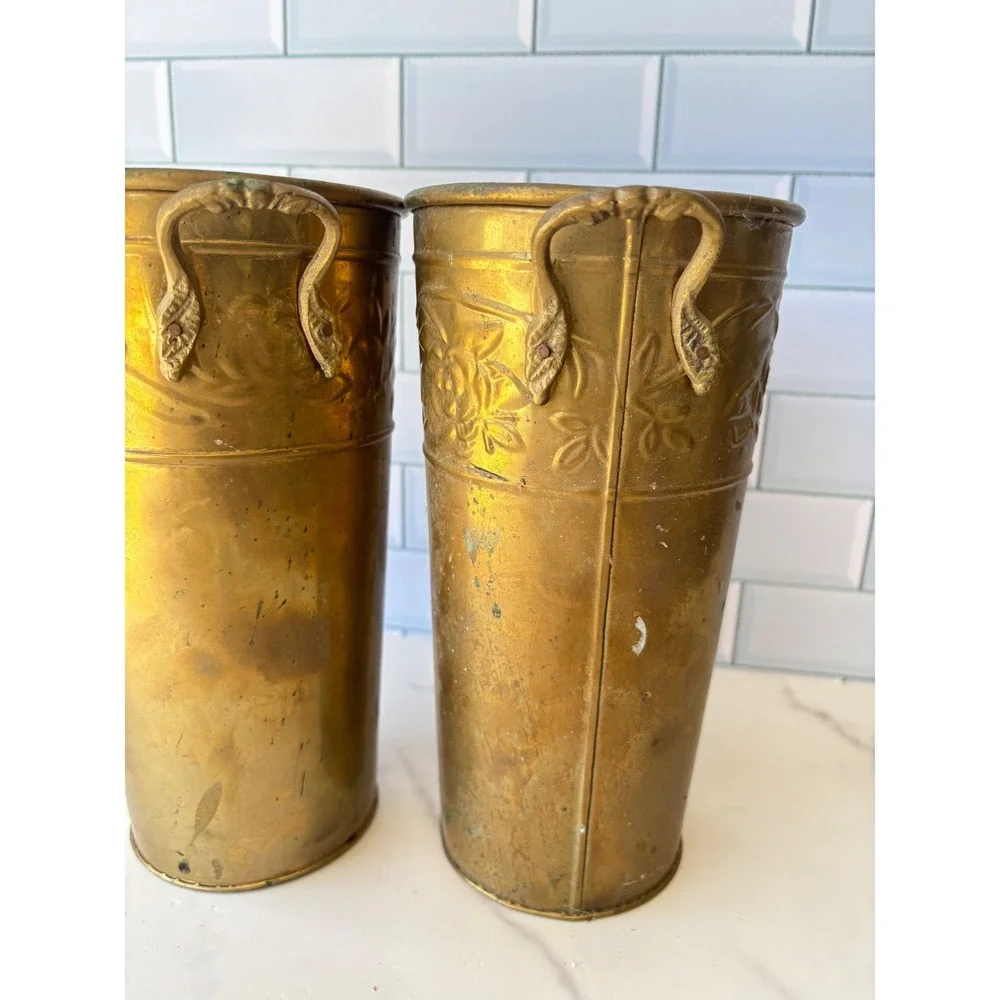 Vintage Hosley USA Brass Vase Planter Pair Embossed Rose Floral 10‎ Inch